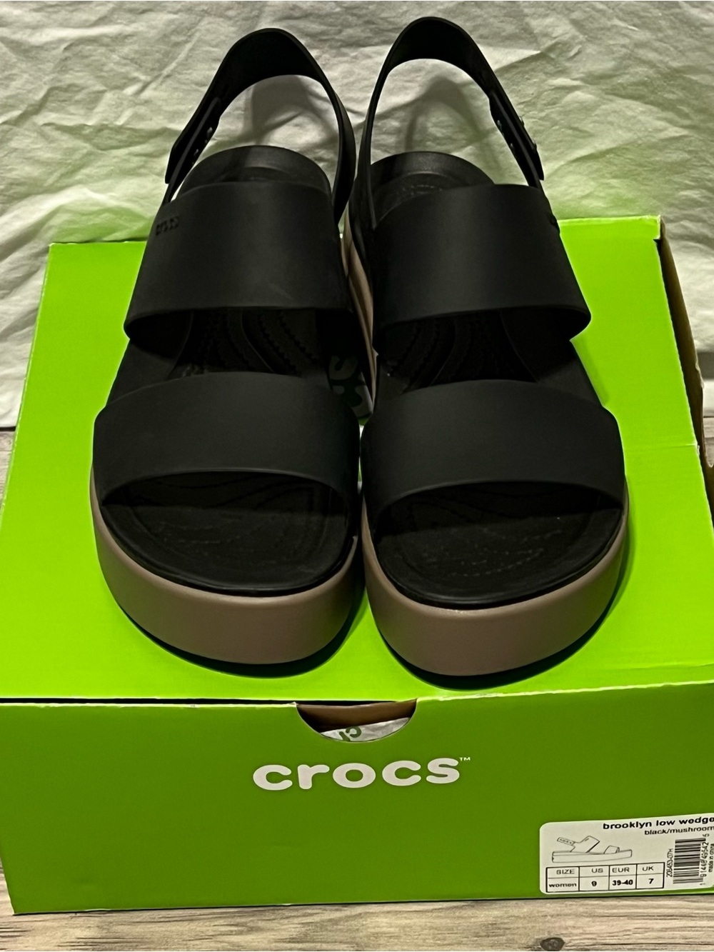 CROCS Brooklyn Low Wedge Sandals in Black and Taupe